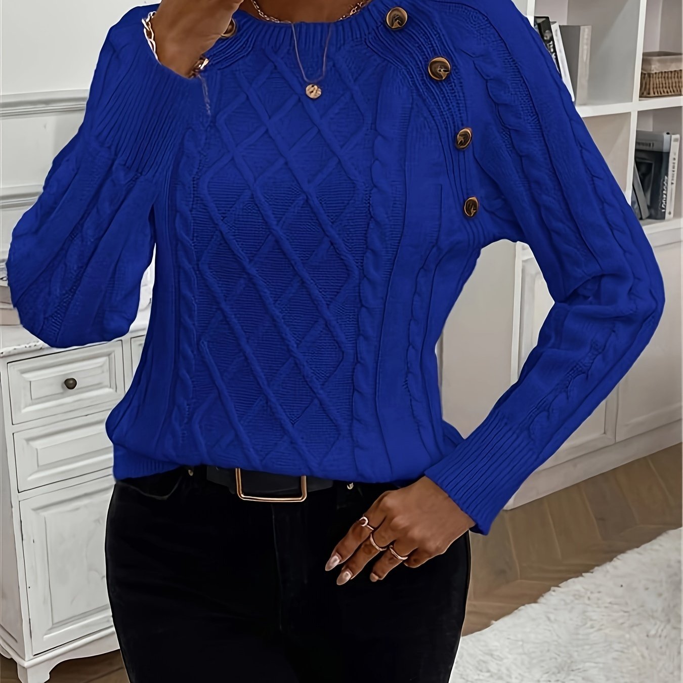 Solid Cable Knit Sweater, Casual Crew Neck Long Sleeve Sweater, Women's Clothing