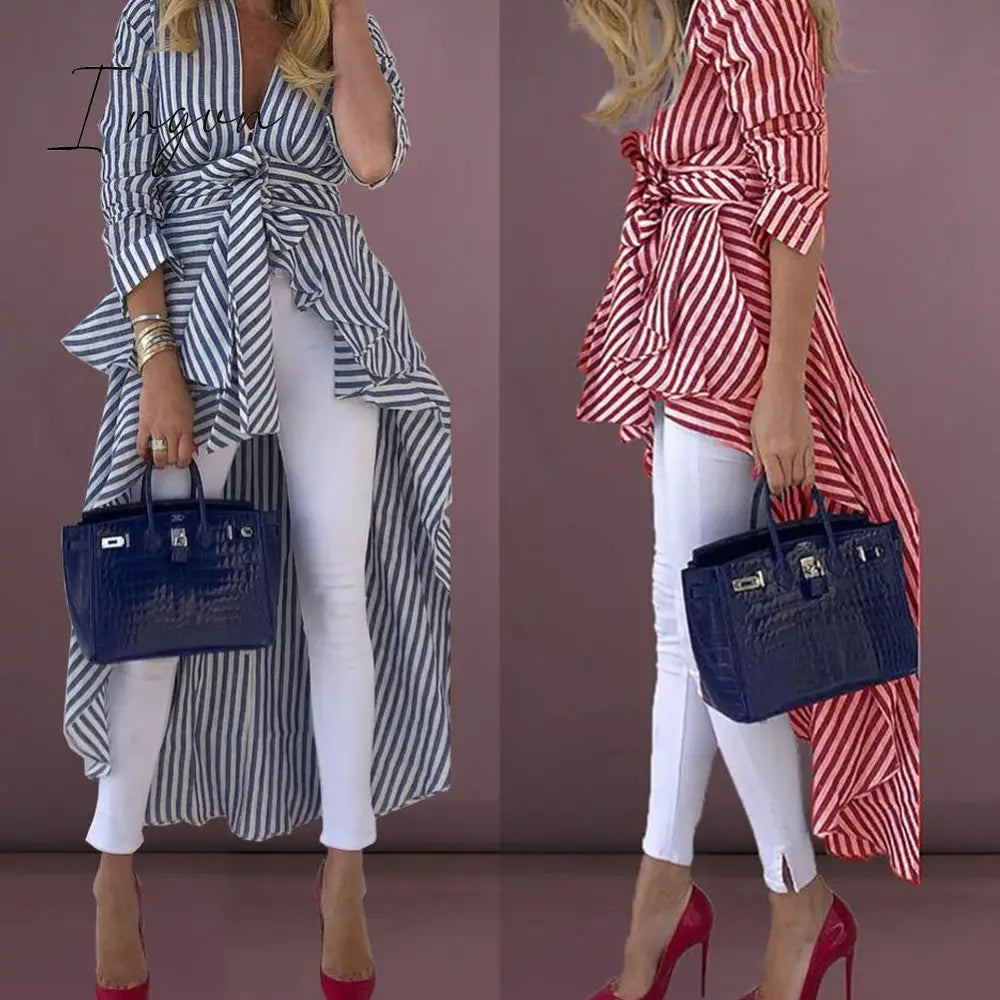 Ingvn - High Street Women Stripe Shirts Long Sleeve V-neck Loose Tops Blouse Striped Tied Front Dip Hem Shirt With Belt Long Shirts