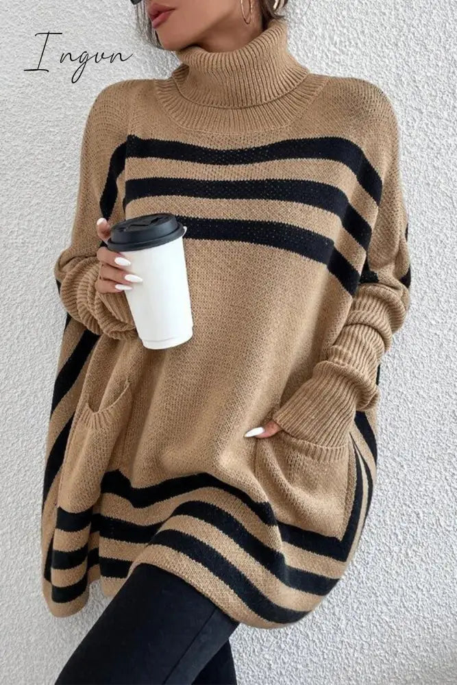 Ingvn - Street Striped Patchwork Pocket Turtleneck Tops