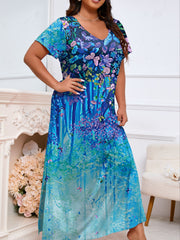 Plus Size Elegant Night Dress - Soft Slight Stretch Polyester V Neck Short Sleeve Split Design with Random Butterfly & Floral Print - Comfortable All-Season Knit Fabric Home Wear