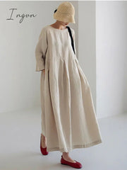 Ingvn - Women Summer Cotton dresses Nine-point Sleeves dress long Maxi dress loose robes casual Dress customized plus size dress boho Linen dress
