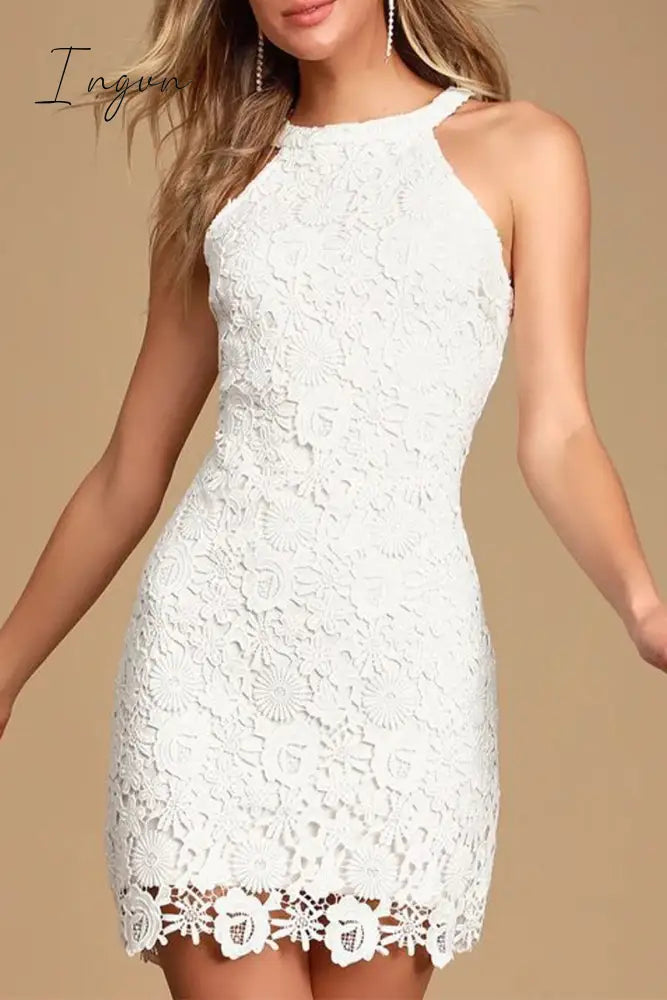 Ingvn - Sexy Solid Jacquard Lace Halter Wrapped Skirt Dresses