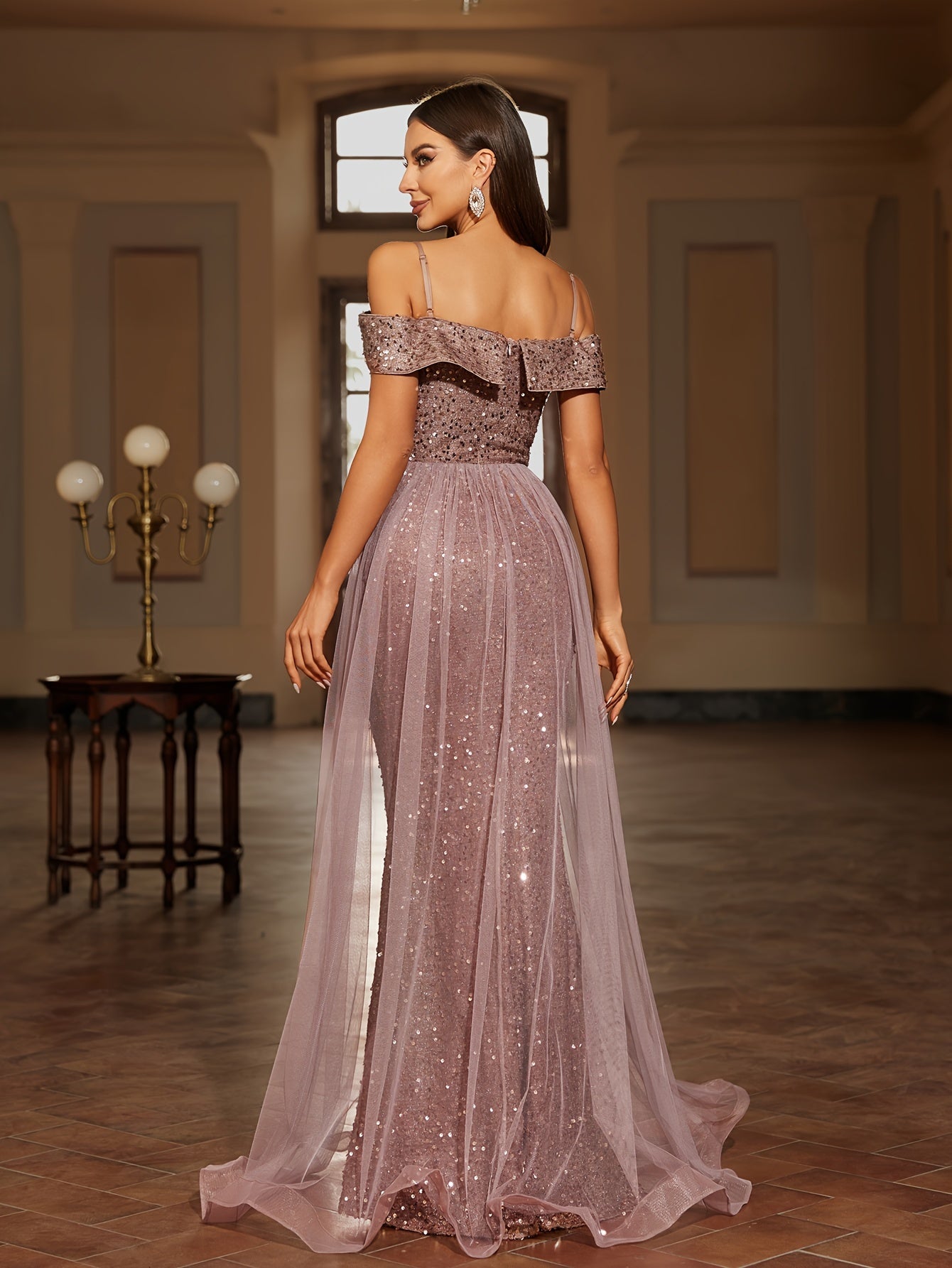 Sequined Contrast Mesh Cold Shoulder Asymmetrical Dress, Elegant Bodycon Dress For Party & Banquet, Women's Clothing