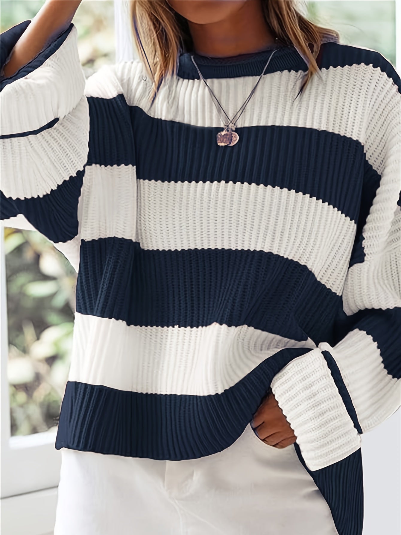 Cozy Striped Crew Neck Pullover Sweater - Soft, Casual, and Versatile Long Sleeve Drop Shoulder Rib-Knit Acrylic Top with Slight Stretch, Fashionable Loose Fit, and Easy Care for All Seasons