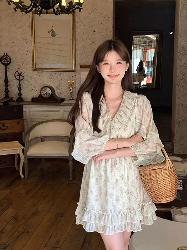 Pphmm Casual Pleated Chiffon Office Lady Dress Spring Women Ruffle V Neck Waist Mini Dress Elegant Lantern Sleeve Print Beach Dresses