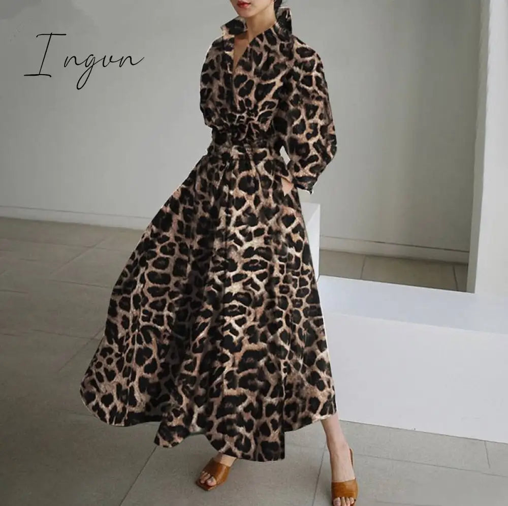 Ingvn - Elegant Women Spring Autumn Sundress Fashion Lapel Neck Long Sleeve Solid Long Shirt Dress OL Vestidos Robe Femme 5XL Long Dress