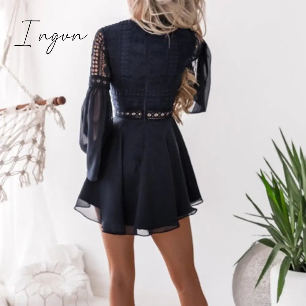 Ingvn - Sexy Crochet Lace V-Neck Mini Dress Summer Flare Sleeve Chiffon Beach Sundress Elegant Women Dress Party Sexi