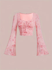 Trendy Tie Dye Print Ruched T-Shirt - Flattering Long Flare Sleeves, Casual Chic Top for Spring and Fall, Coquette Y2K Style Women's Clothing with Relaxed Fit and Soft Fabric