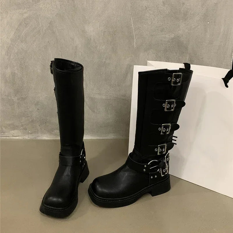 Ingvn  Square Toe Women Western Cowgirl Boots Fashion Belt Buckle Knight Long Booties Autumn Winter Female Low Heel Shoes