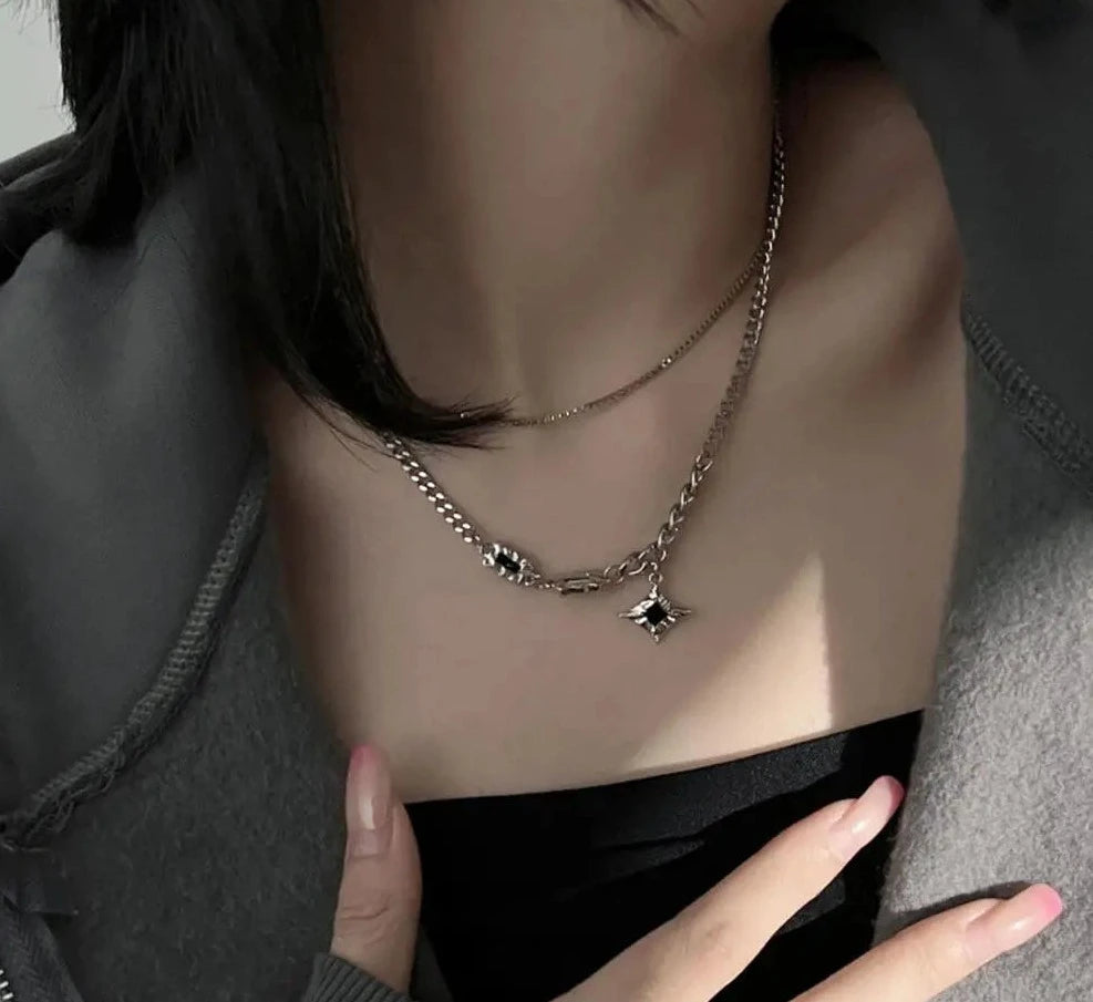INGVN  Hip Hop Zircon Star Double Layer Necklace For Men Women Trend Charm Titanium Steel Pendant Chain Unisex Jewelry
