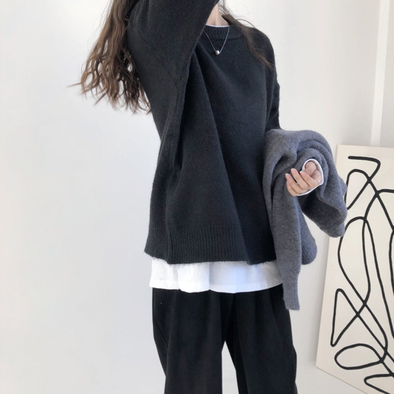 Voguable Elegant Women Sweater Oversized Knitted Basic Pullovers O Neck Loose Soft Female Knitwear Jumper