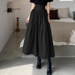 Ingvn - 2023 Fashion High Waist Skirt Women Vintage Pleated Zipper Swing Long Skirt Casual Loose Solid A-line Party Beach Skirt