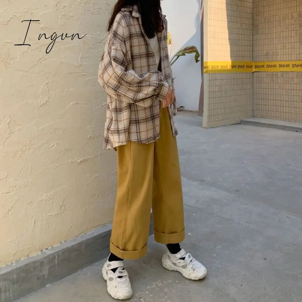 Ingvn - Women Blouses Turn-down Collar Spring Shirts Plaid All-match BF Batwing-sleeve Loose Outwear Harajuku Female 4 Colors Chic New