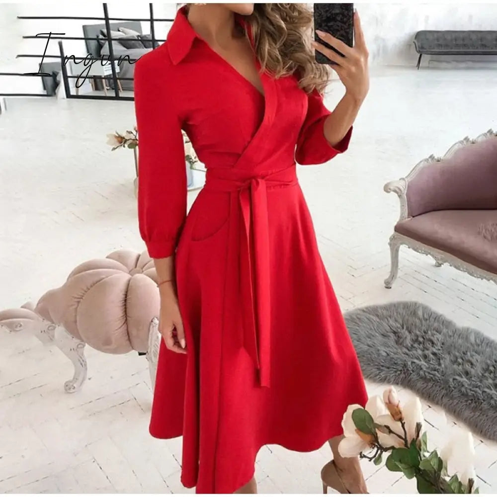 Ingvn - v neck long sleeve spring summer printed dress