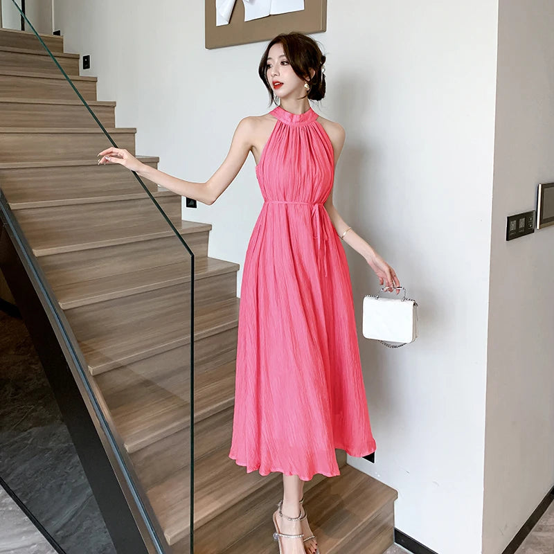 Elegant Party Beach Chiffon Bandage Midi Dresses for Women Summer New Sleeveless Neck-mounted Loose Casual Female Clothing