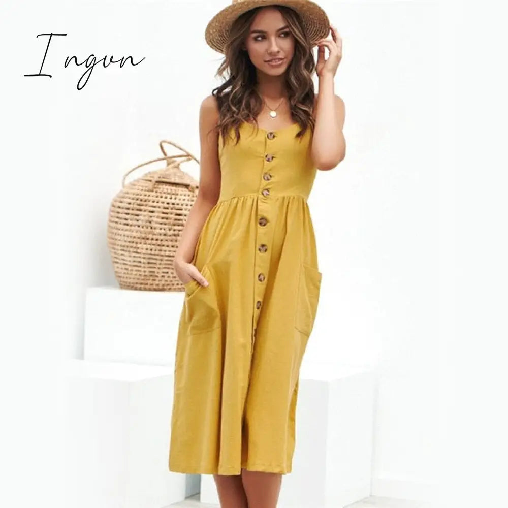 Ingvn - Boho Sexy Floral Dress Summer Vintage Casual Sundress Female Beach Dress Midi Button Backless Polka Dot Striped Women Dress