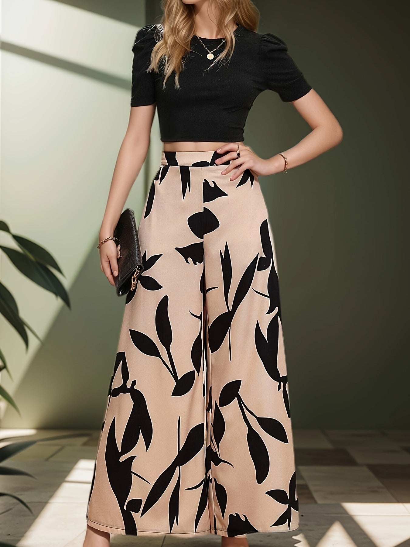 Chic Womens Two-Piece Pantsuit Set - Solid Color T-Shirt with Leaf Print Pants - Stylish Crew Neck & Flattering Wide Leg Design - Perfect Elegant Casual Outfit