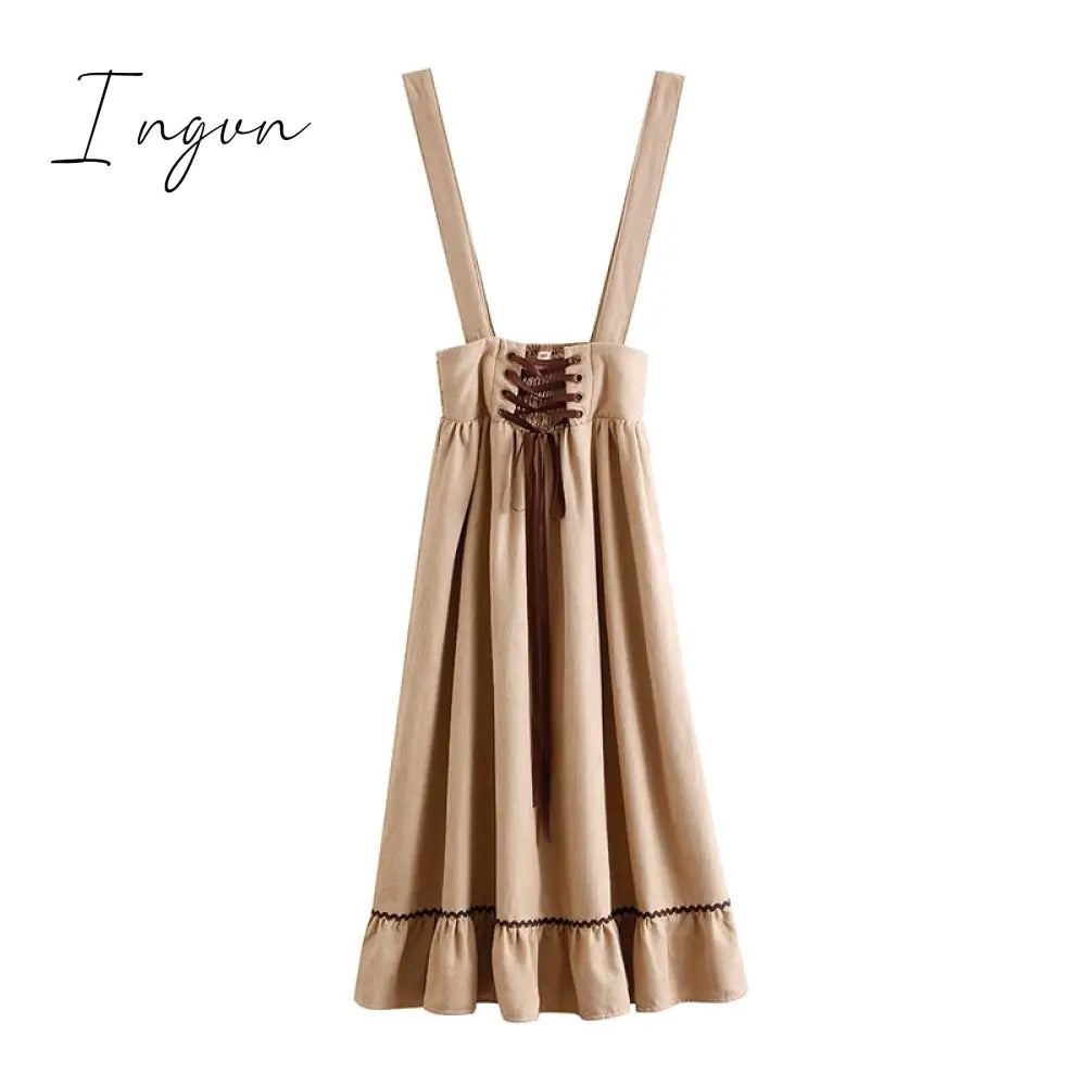 Ingvn - Spring Summer Women Long Midi Suspender Skirt Teen Girls Preppy Style Cute Lace-Up High Waist Ruffle A-Line Skirts