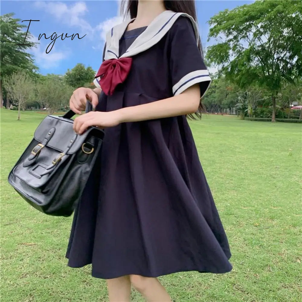 Ingvn - Harajuku Sailor Collar Navy Dress Japanese Lolita Sweet Bow-knot Girl Retro Cotton Kawaii Preppy Style Short Sleeve Dress Women
