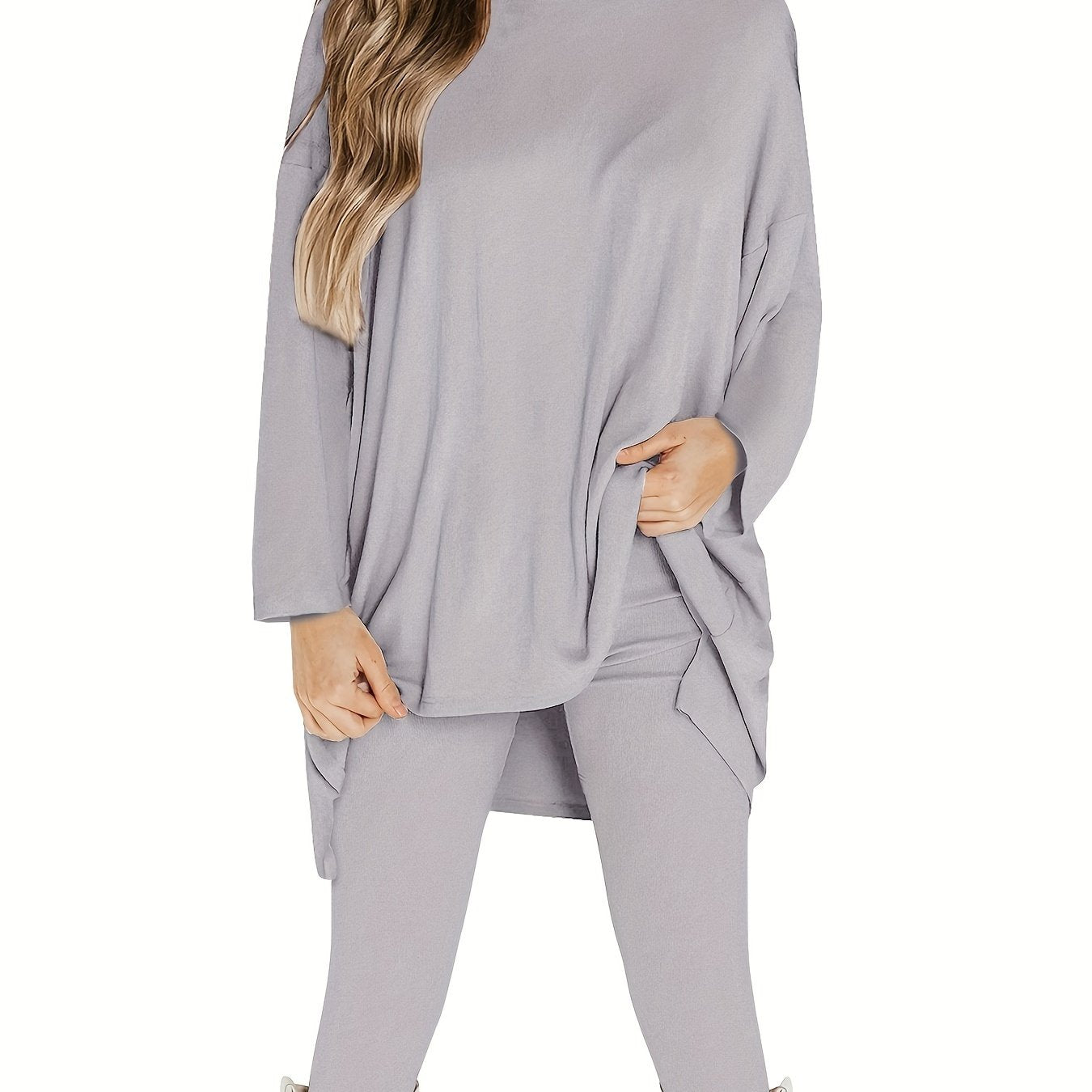 Plus Size Casual Outfits Set, Women's Plus Solid Long Sleeve Round Neck Oversized Top & Leggings Outfits Two Piece Set