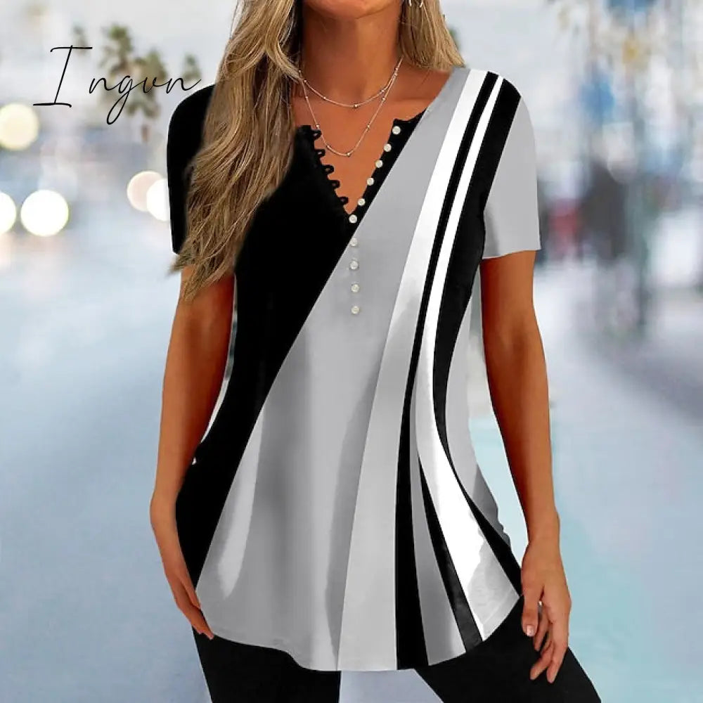 Ingvn - Women's T shirt Tee Black Pink Blue Color Block Button Print Short Sleeve Daily Weekend Basic V Neck Regular Painting S