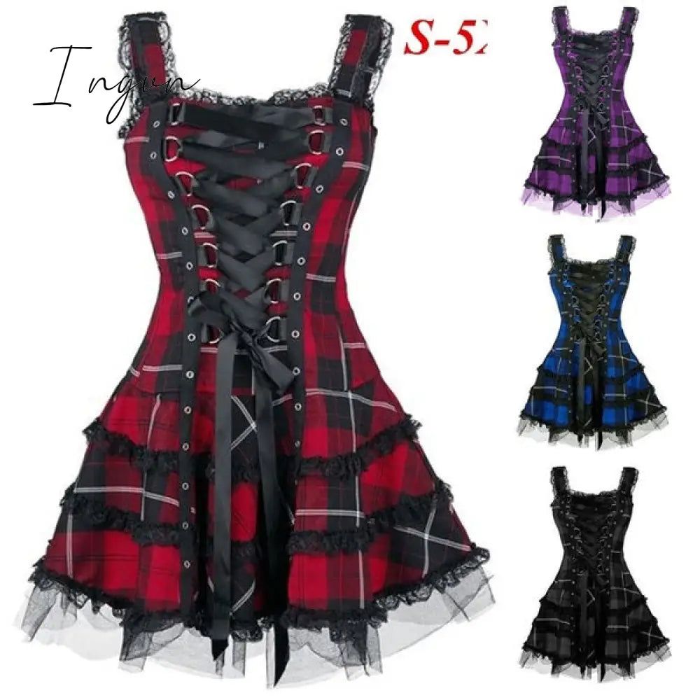 Ingvn - Dress Women Classic Frill Lace Dresses Sleeveless Plaid Vintage Gothic Mini Dresses Ball Gowns Cosplay Costume Plus Size Dress