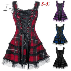 Ingvn - Dress Women Classic Frill Lace Dresses Sleeveless Plaid Vintage Gothic Mini Dresses Ball Gowns Cosplay Costume Plus Size Dress