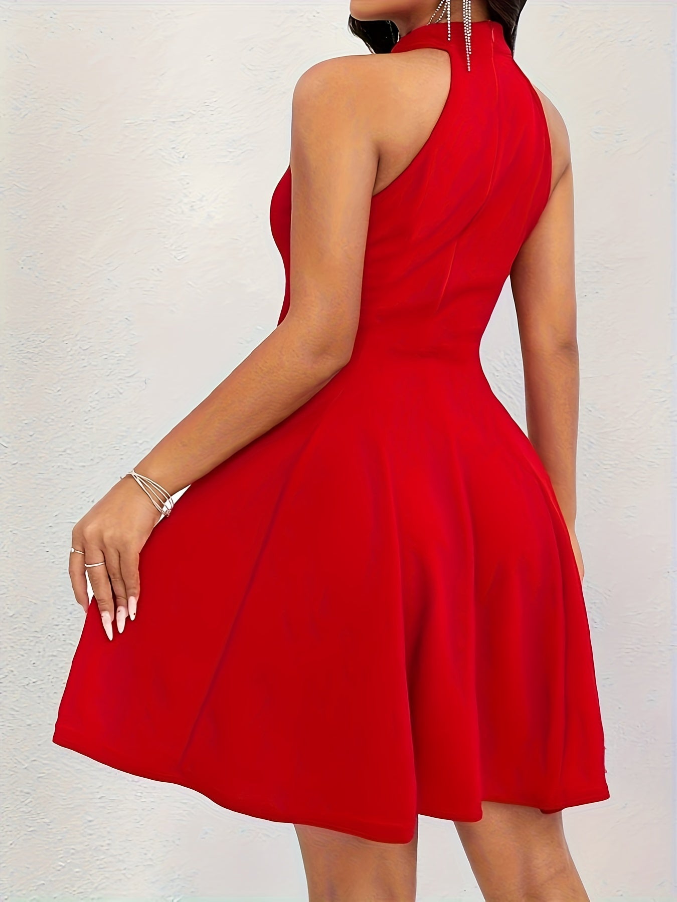 Solid Halter Neck Waist Swing Dress, Elegant Sleeveless Slim Dress, Women's Clothing
