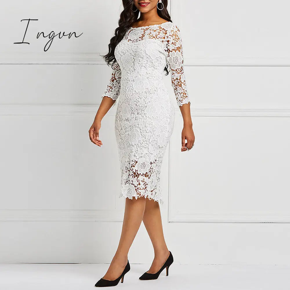 Ingvn - Women Midi Dress Hot Sale Elegant Sexy OL Bodycon Floral Hollow Lace Female Fashion Evening Party Chic Sheath Ladies Dresses