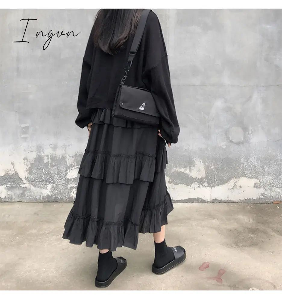 Ingvn - Midi Long Skirts Womens Maxi Skirt Goth Lolita Summer High Waisted Asymmetrical High Low Ruched Ruffle Skirts rok