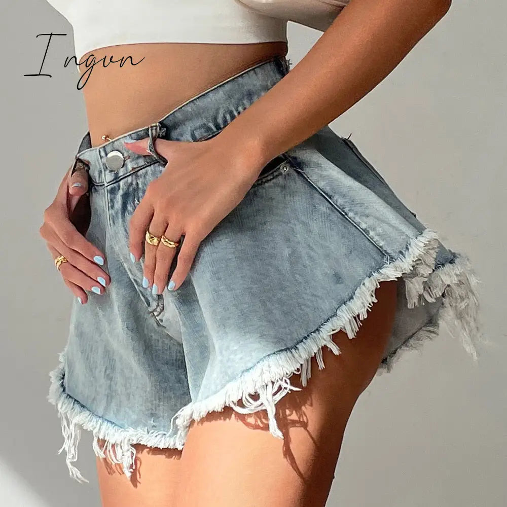 Ingvn - New Women Denim Shorts With Holes And High Waist Loose Tassel Jeans S-XXL