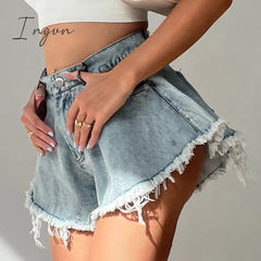 Ingvn - New Women Denim Shorts With Holes And High Waist Loose Tassel Jeans S-XXL