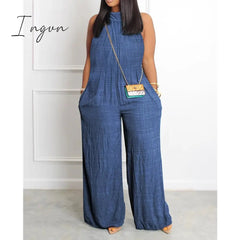 Ingvn - Women Elegant Fashion Denim Look Print Pocket Wide Leg Pants Jumpsuit Women Casual Loose Romper Overalls Onepieces Streetwear