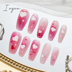 10PCS Chinese Style Fake Nails with Glue Sfumato Ink Long Nails Set Press on Acrylic Stick on False Nails Art