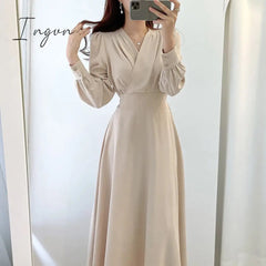 Ingvn - Harajuku V-neck Puff Sleeve A-line Maxi Dresses for Woman Women Solid Color Midi Robe Korean Office Dresses Elegant Spring