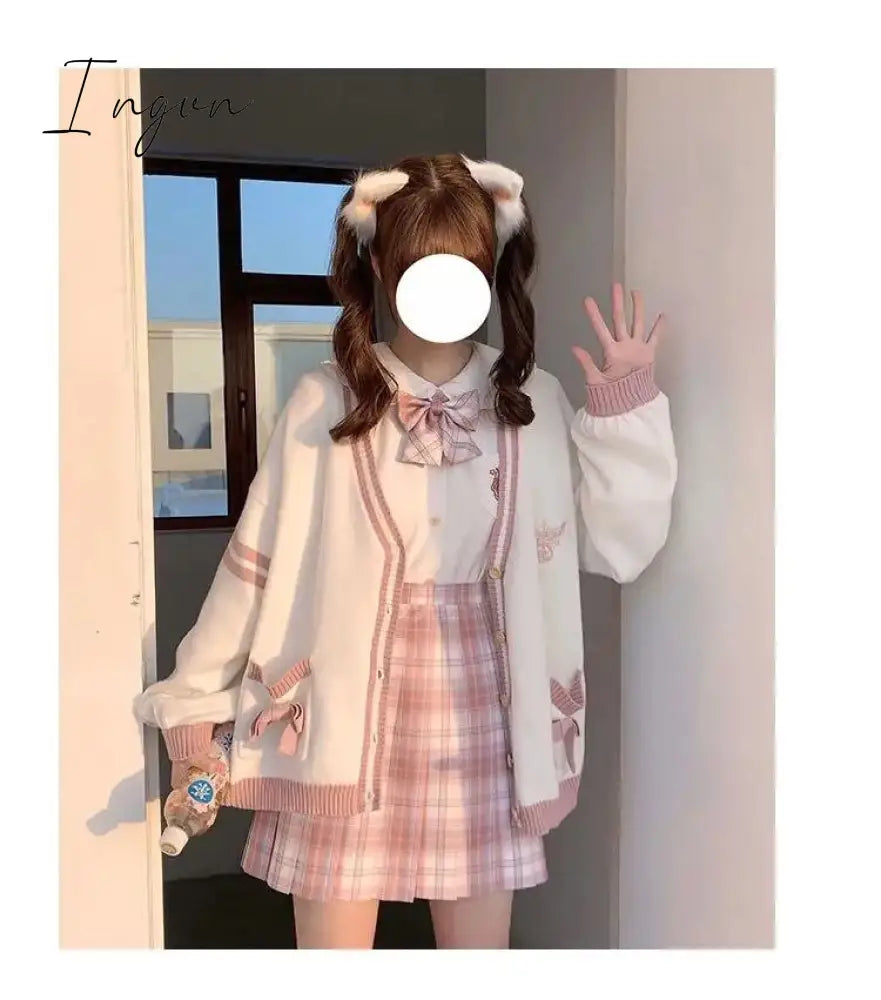 Ingvn - Spring Japanese Kawaii Fashion Pink Cardigan Women Harajuku Knitted Sweater Cute Bow Heart Korean College Style JK Uniform Coat