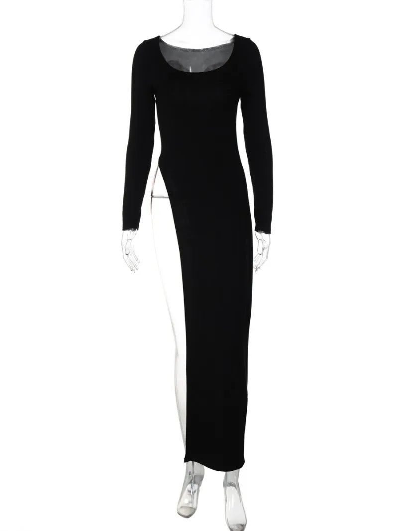 Ingvn  Woman Clothing Long Sleeve High Slit Black T-shirt Dress Y2K Streetwear  Fall Ladies High Waist Slim Irregular Long Dresses