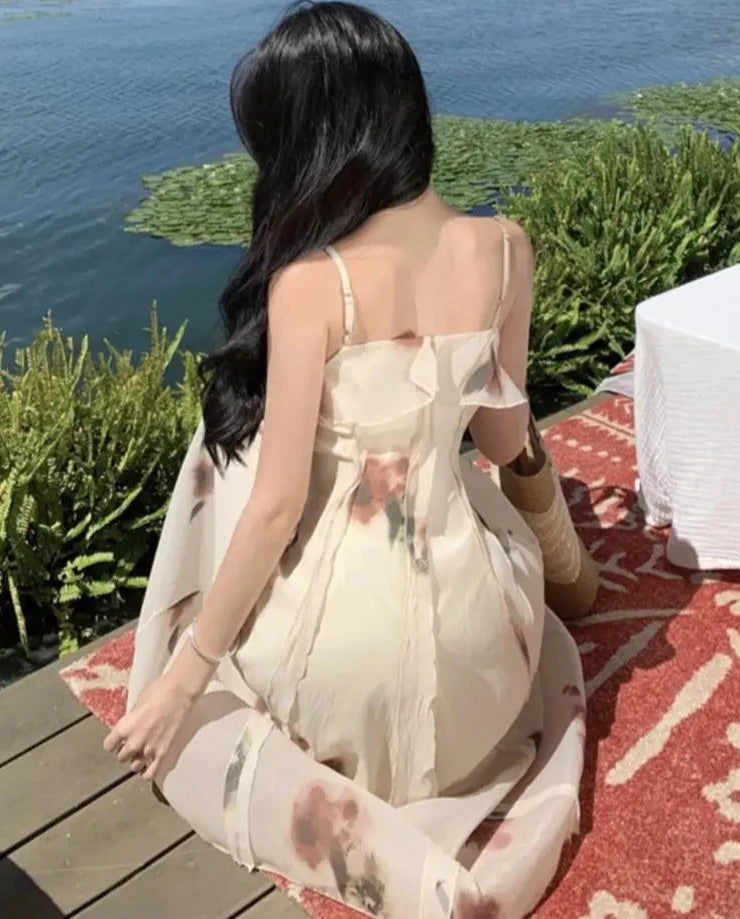 Elegant Ruffles Floral Midi Dresses Summer New Fashion Spaghetti Strap A-line Beach Vestidos Women Holiday Sundress Clothing