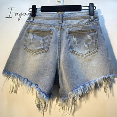Ingvn - Spring Autumn Fashion Tide Denim Short Women High Street Rhinestone Sequins Hole Tassel Fit Wild Clothing
