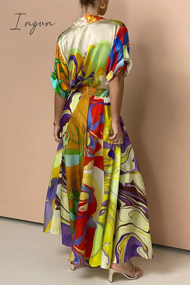 Ingvn - Casual Geometric Printing Turndown Collar Short Sleeve Two Pieces