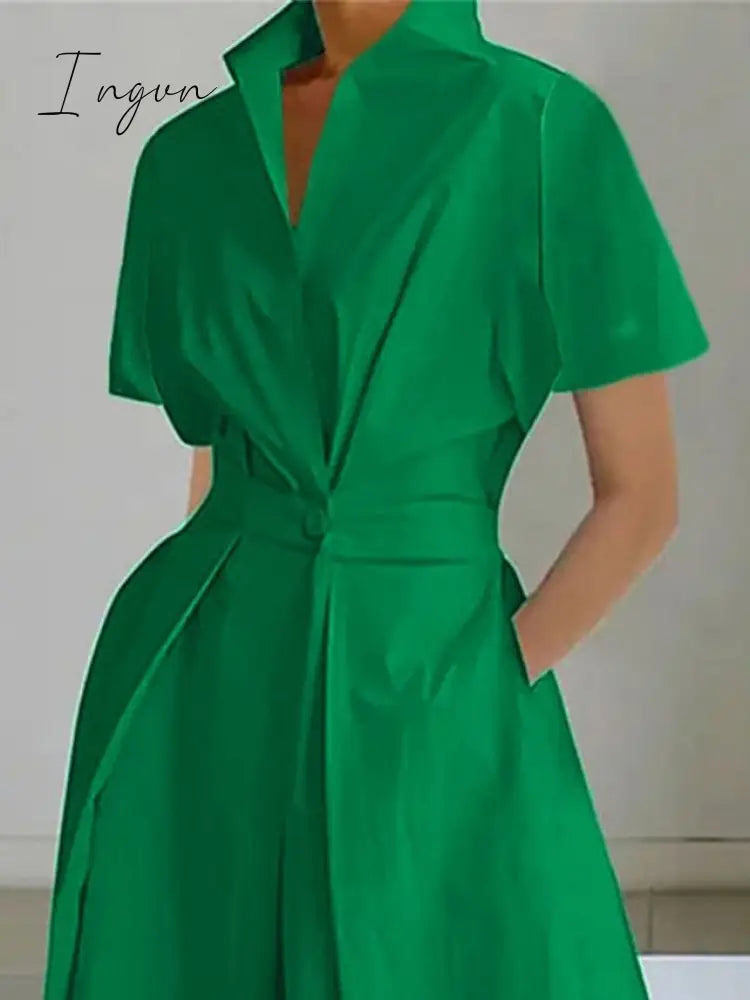 Ingvn - Women's Shirt Dress Casual Dress Swing Dress Midi Dress Outdoor Daily Vacation Polyester Fashion Modern Split Neck Button Pocket Short Sleeve Summer Spring 2023 Regular Fit White Green Plain S M L XL