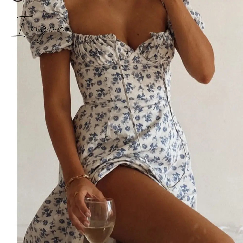 Ingvn - Print Summer Dress Women Floral Short Puff Sleeves Square Collar Holiday MIDI Dress Female Drawstring High Slit Dress