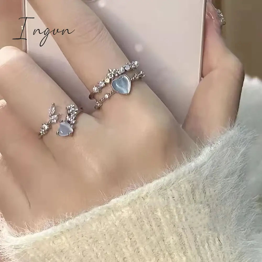 3pcs New Arrived Romantic Cute Blue Heart Ring for Women Exquisite Jewelry Set Ring Micro Flower Zircon Party Dating Accessories