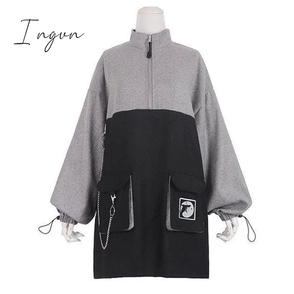 Ingvn - Retro Vintage Women Gothic Girls Punk Mini Dress High Waist Long Sleeve Hat Collar Sexy Gry Black Lolita Plus Size Jurken
