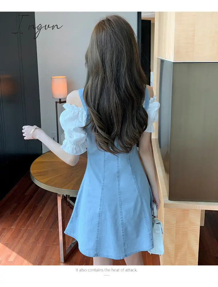 Ingvn - Denim Dress Fashion Lantern Sleeve Woman Dresses Clothes Gauze Patchwork Vestidos Ruffles Korean Off Shoulder Robe