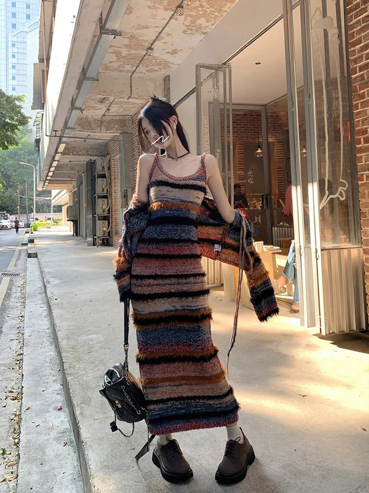 Korean style Spring Autumn New Streetwear Sexy Long-sleeved Cardigan Women Striped Knit Sling Dress Two-piece Suit