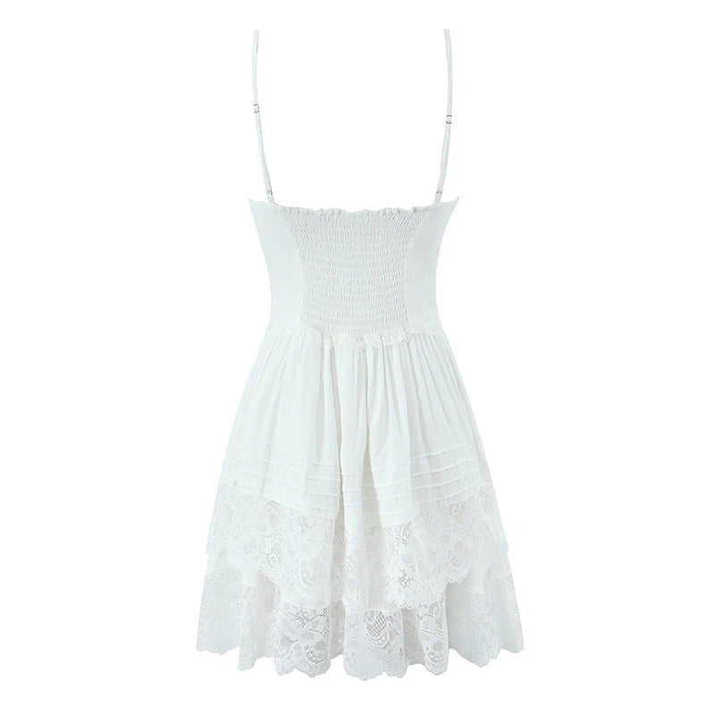 Sexy Sweet Women Lace Spliced White Sling Mini Dress Layers Cake Hem A-line Short Summer Dress Holiday Robe Cotton