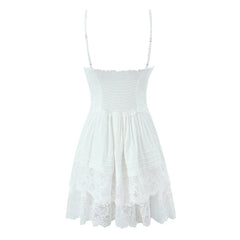 Sexy Sweet Women Lace Spliced White Sling Mini Dress Layers Cake Hem A-line Short Summer Dress Holiday Robe Cotton