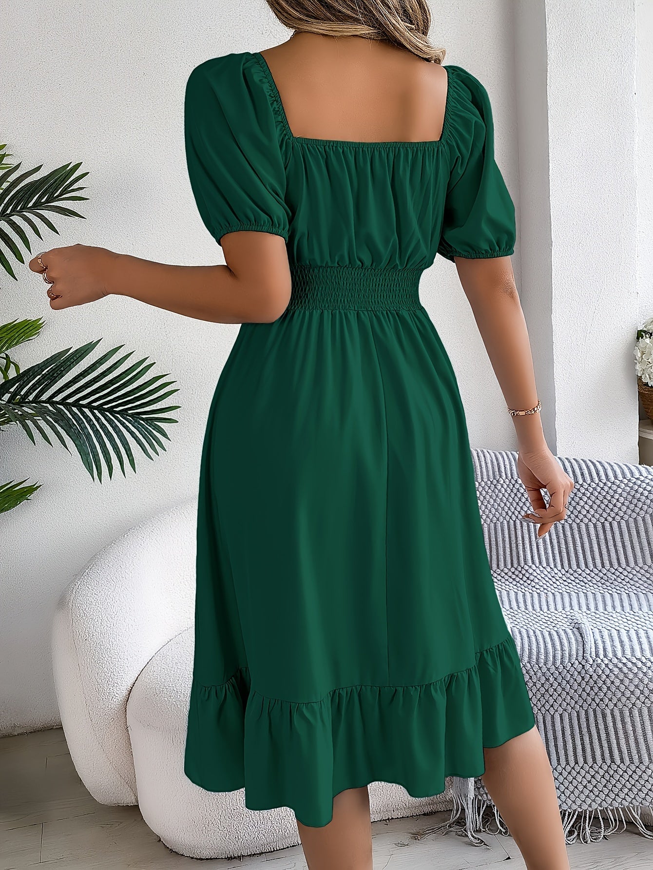 Solid Puff Sleeve Square Neck Waist Dress, Elegant Ruched Bust Ruffle Hem Dress, Women's Clothing Wedding graduation engagement occasion ceremony party holiday vacation birthday