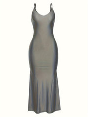 Alluring V Neck Spaghetti Strap Backless Dress - Seamless Solid Bodycon for Night Out - Fashionable Womens Clubbing Gown
